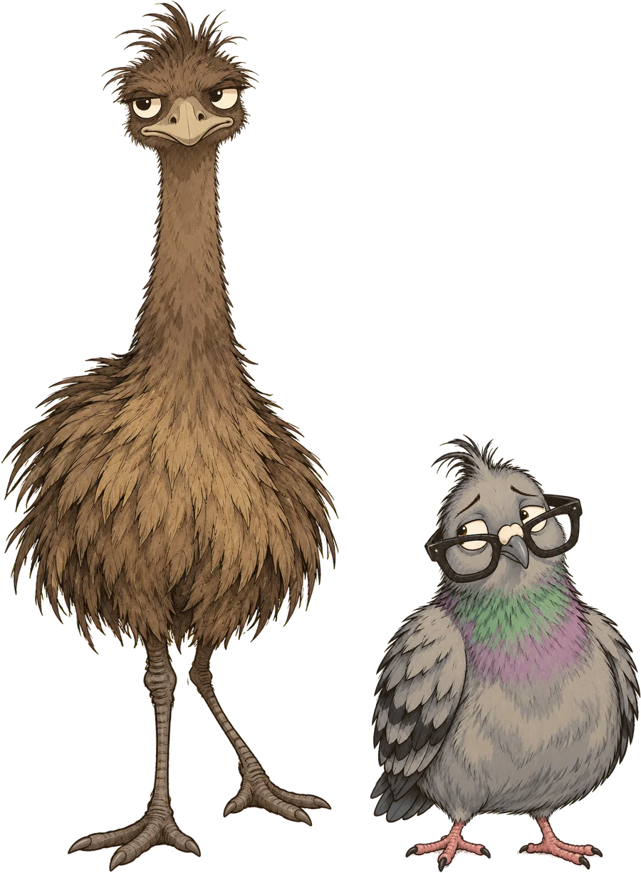 Emu and Pigeon, passing by