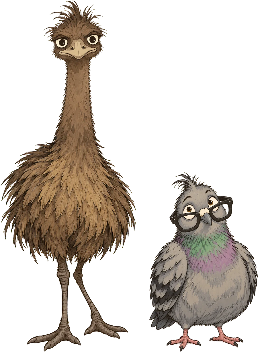 Emu and Pigeon, finding something out together